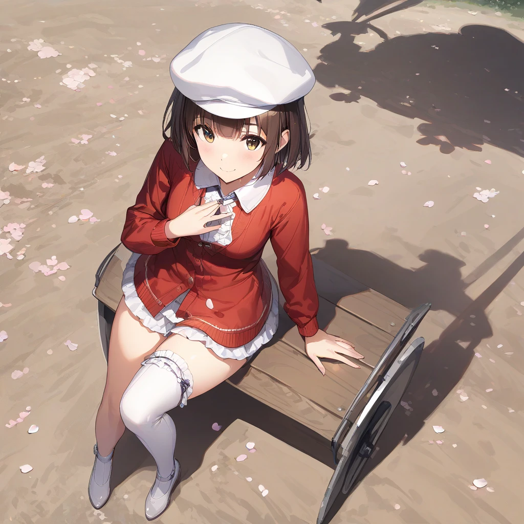 spread legs with squatting pose、M-shaped legs、Spread your legs、Sit on the ground、I'm looking away、In town、bustling street、cap、Panties with horizontal stripes、Shoulder bag、mini skirt、Private Server、Girl、Girl、Younger、Baby Face、flat chest、Dynamic Angle、smile、Both eyes open、Voyeur style、ground