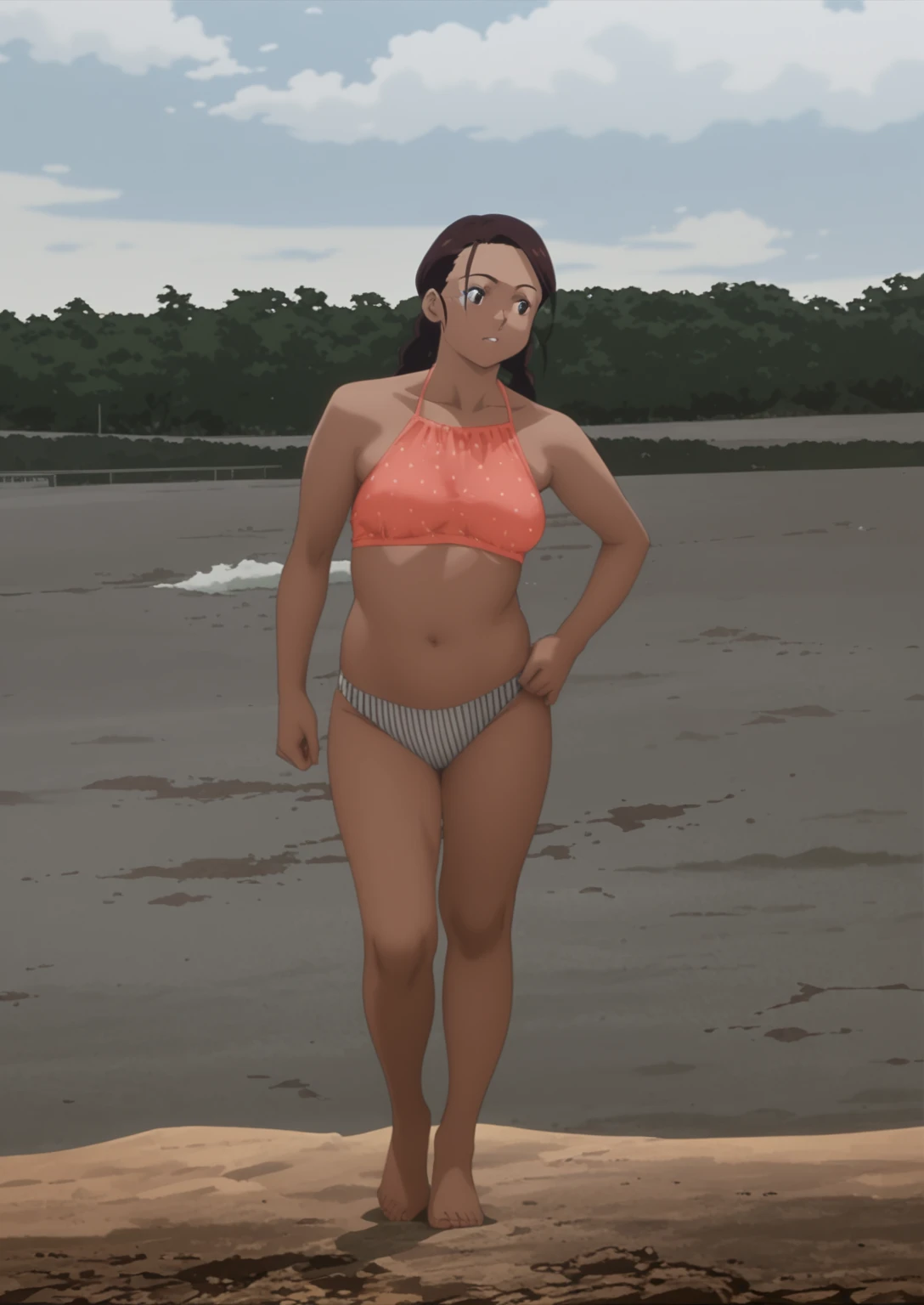 there is a woman in a bikini standing in a river, realistic bikini, in retro swimsuit, red bikini, in bikini, swimsuit, bond girl, asuka as a surfer model, #1 digital painting of all time, # 1 digital painting of all time, wearing two - piece swimsuit, smooth. digital painting, swimsuit model, dora the explorer as real girl