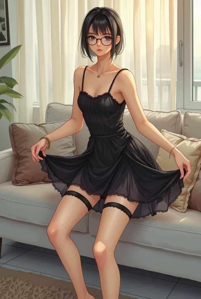 1girl, 30 years old, sitting, black dress, off-the-shoulder, black hair, short hair, styled, black eyes, black pantyhose, sexy, seductive