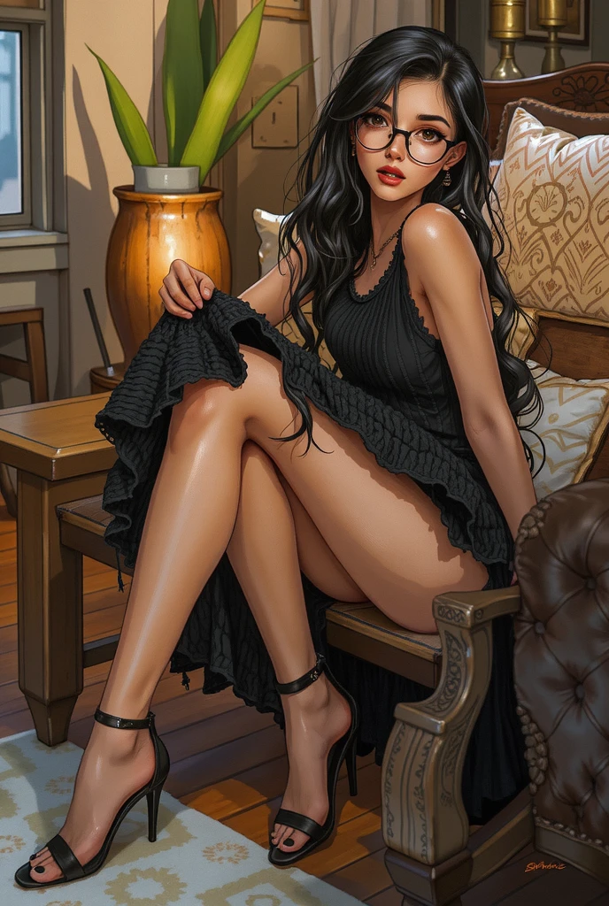 (1girl, solo, alone), (WakatsukiRisa, Sarada Uchiha, black hair, short hair, black eyes, red glasses), ((solo, (1woman, (small bust), pink lipstick, black eyes), Extremely detailed, ambient soft lighting, 4k, perfect eyes, a perfect face, perfect lighting, a 1girl)), ((fitness,, shapely body, athletic body, toned body)), ((black dress, black high heels, penetrating gaze, cold gaze, woman sitting, sitting on the bed, pillows, lamps, (big window, wooden floor, polished floor), window))