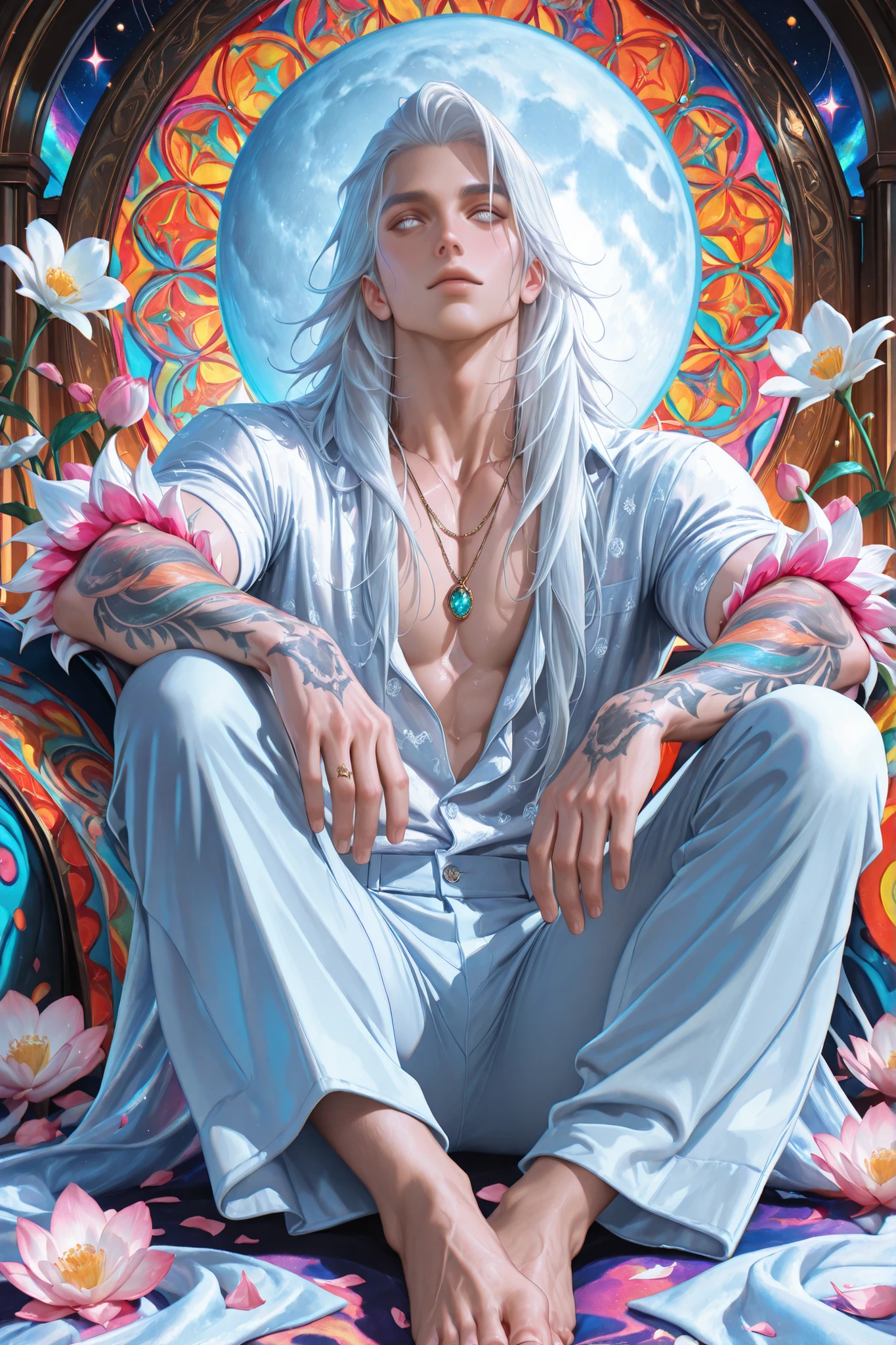 (Sakimichan:0.7),1boy,male, 1guy, official art, colorful, Colorful background, splash of color, movie perspective, advertising style, magazine cover gorgeous dapper man with sharp facial features, long white hair, white eyes, full body portrait, tattoo all over body, flower arms, sitting in a large villa, indoor 1man,instrument,jewelry,barefoot,long hair,moon,solo,white silk shirt and pants, necklace,masterpiece, best quality,absurdres