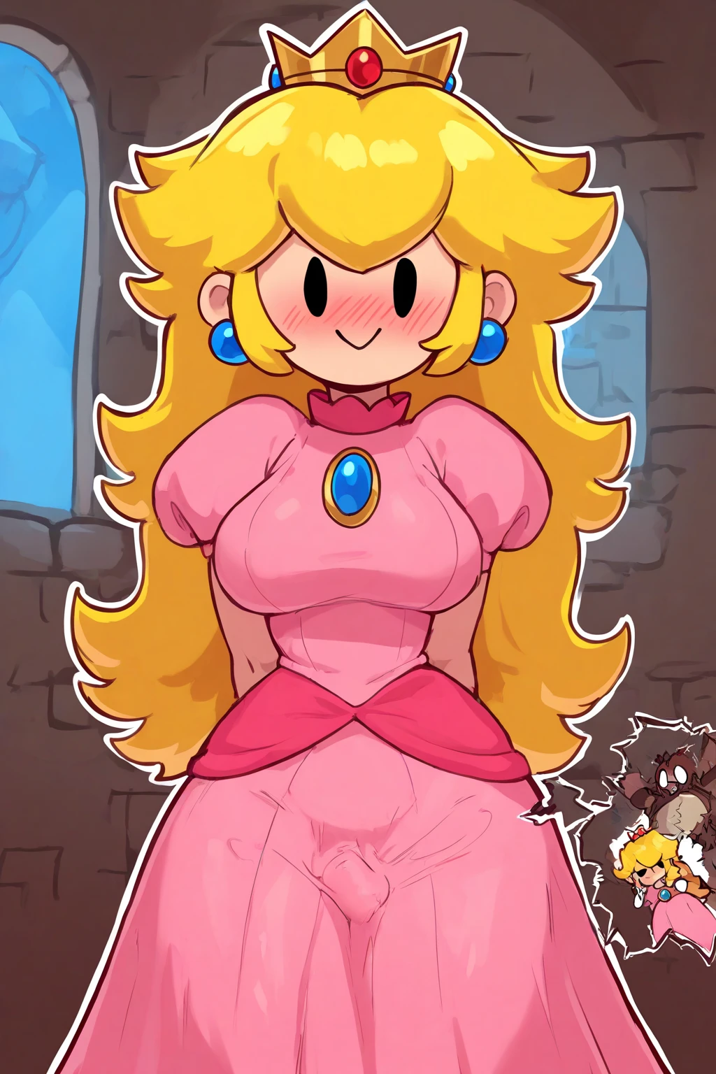 moisesgrafic_style, princess_peach, blonde hair, blue eyes, pink dress, white gloves, earrings, long hair, jewelry, elbow gloves, gloves, blush, puffy short sleeves, crown, dress, short sleeves, puffy sleeves, blush, open mouth, multiple girls, large breasts,1boy, 1girl, closed eyes, ass, thick thighs, sandals, oral, fellatio, lipstick, kiss, @_@, huge ass, lipstick mark, 1boy, kissing male, big lips,, pik lips