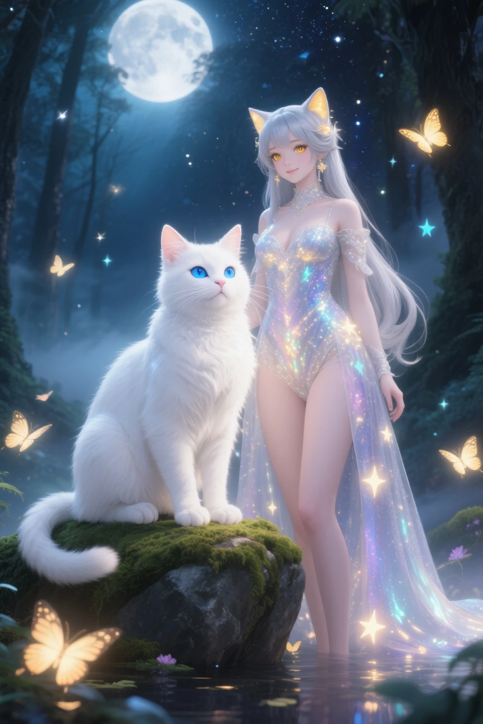 A watch with the motif of one cute cat Lots of silver stars and rivers twinkling Glitter and seductive Galaxy like a jewel box You can also see large galaxies and the Milky Way The body of a cat is 5 heads