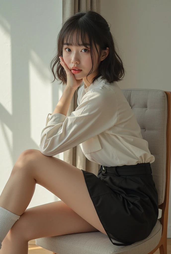 Full body photo、A female teacher writing on the blackboard、White mini skirt suit