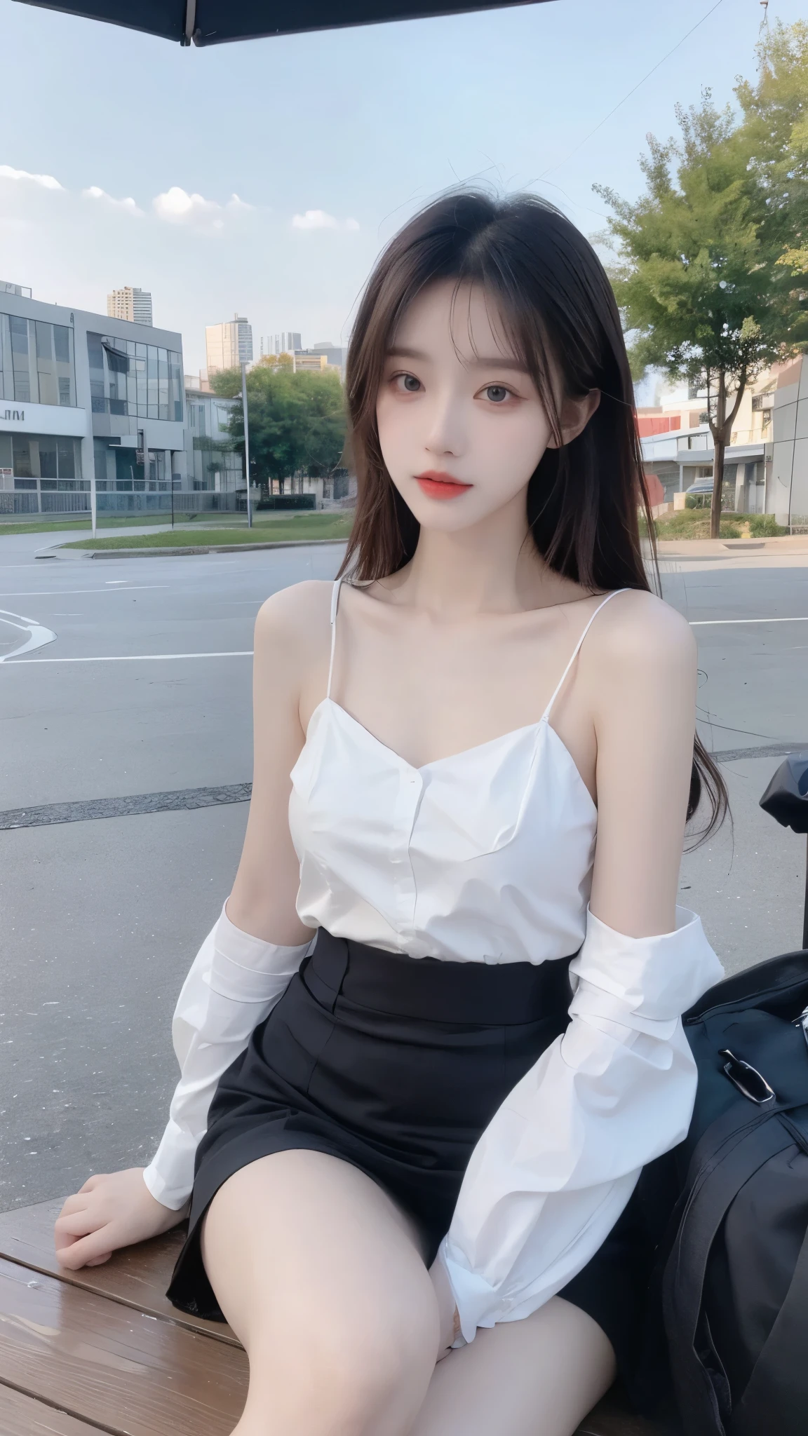 Masterpiece, 8K resolution, 1 girl portrait, 20 years old, height 170 cm, weight 52 kg, delicate facial features, perfect Korean model face, charming big eyes, willow leaf eyebrows, small mouth, light lipstick on lips, smile, long hair shawl, fair and shiny skin, rosy face, model chest, slender hands (hands not shown), wear a stylish t-shirt (no chest is exposed), short skirt does not exceed the knee, on the balcony, naughty movements, dynamic effects, Tyndall effect, on the balcony, Beautiful view, panoramic display, black hair, hair bubbles, long eyelashes, solid round eyes, light smile, ear blush, brown hair, asymmetric hair, cross bangs, long hair, messy hair, hair clips, feather ornaments, earrings, excitement, surrealism, shadows, tachi-e, pov, atmospheric perspective, panorama, best quality, 8k, super detail, ccurate, best quality, 8k
