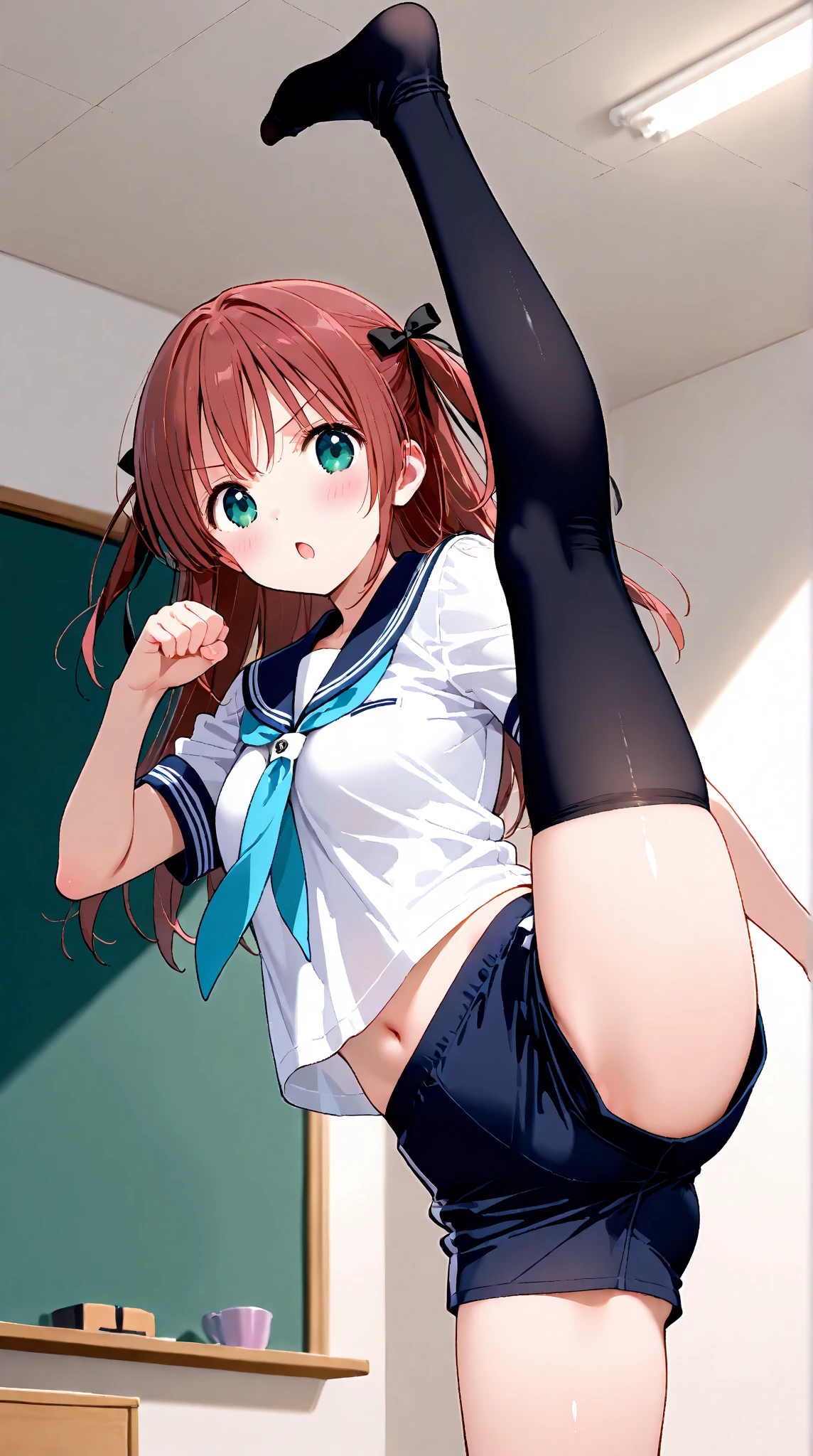 Beautiful illustrations, Highest quality, (12-year-old girl:1.4)、(pretty girl:1.5)、 girl、Flat Chest、Sailor collar、(White long tunic:1.4)、Long sleeve sailor suit、Blue-line cuffs、(Pink Chino Shorts:1.7)、(Pink shorts with wide openings:1.6)、Gap between thigh and shorts、Thin thighs、White socks、 Cinema Lighting, (Pink long hair)、Pink Straight Hair、Redness on the cheeks、(Braiding of the back of the head)