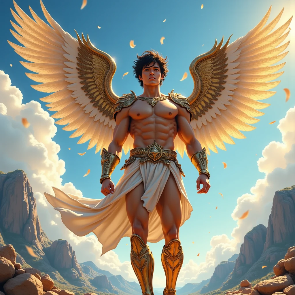 Create a mesmerizing image to accompany our video "MUSIC for GYM HARDSTYLE phonk style". Visualize a paradisiacal setting with a sculptural body reminiscent of Zyzz, an iconic bodybuilder, Entre as nuvens. Este corpo esculpido ostentado asas douradas, giving an aura of destruction to the character.

O fundo celestial deve ser profundo, intense blue sky, conveying a feeling of spaciousness and serenity. O personagem&#39;the golden wings must shine with a unique brilliance, standing out dazzlingly against the blue sky. Utilize toneladas contrastantes, Exploring the wheel of cores to create a vibrant, immersive image.

Make sure you capture the essence of phonk and hardstyle in the image, incorporando elementos que transmitem energia, ritmo e intensidade. A atmosfera celestial, combinada com o toque moderno da cultura do hardstyle, will provide a captivating and thought-provoking image to attract the viewer&#39;interesse.

Explore the duality between the physical strength represented by the bodybuilder and the lightness of the golden wings, creating a visual narrative that reflects the unique fusion of elements that define the video&#39;estilo musical e visual. Make sure every detail contributes to the image’s engaging and impactful aesthetic.