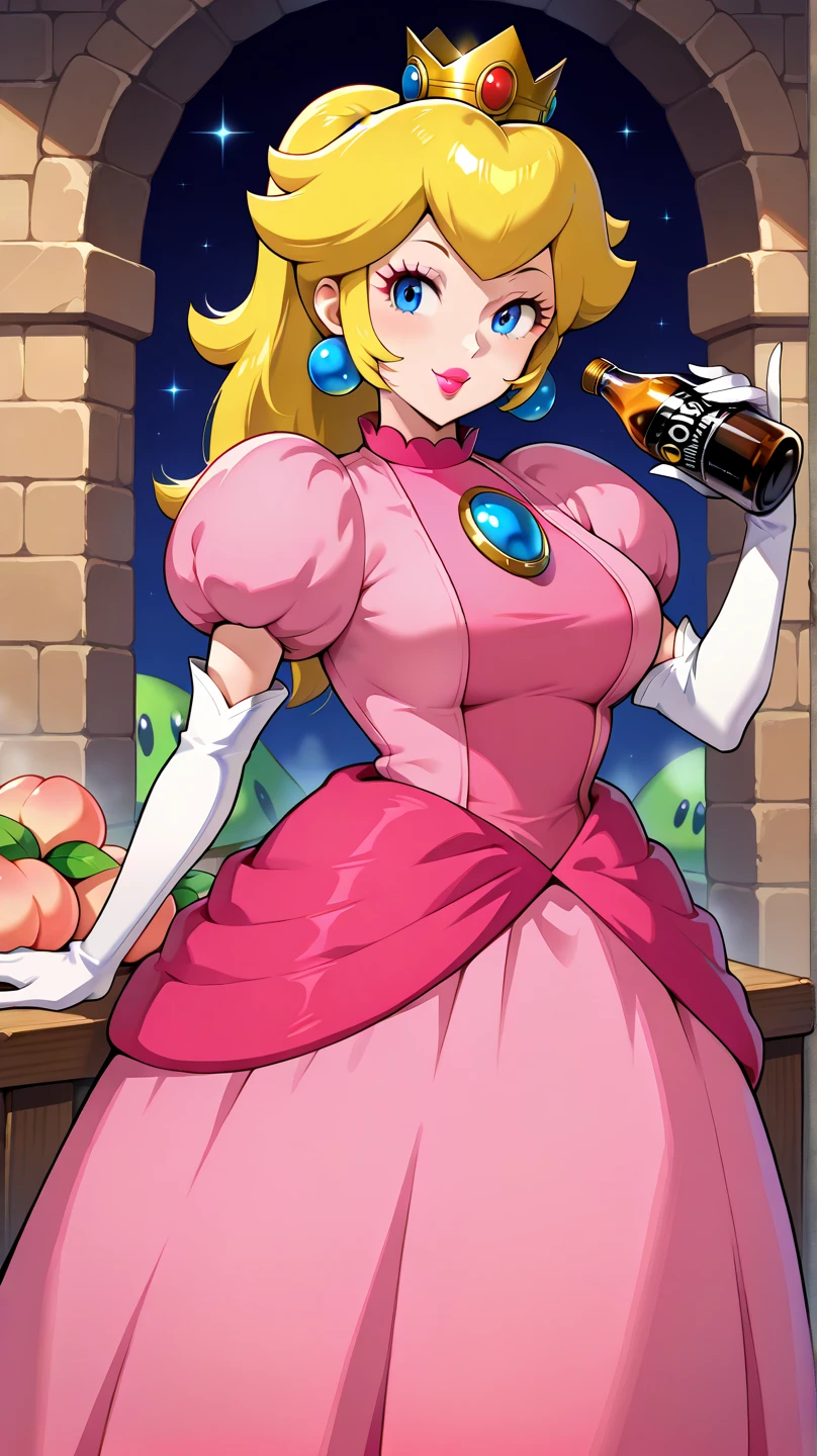 score_9, score_8_up, score_8, 1girl, princess peach, crown, blonde, erect nipples, , slutty, seductive eyes, stripclub setting, naked apron, waist apron, frills, pussy, waitress, holding a tray of drinks,exposed breasts,, looking at viewer, bar background ,score_7_up,score_6_up,masterpiece, ,cartoon,,