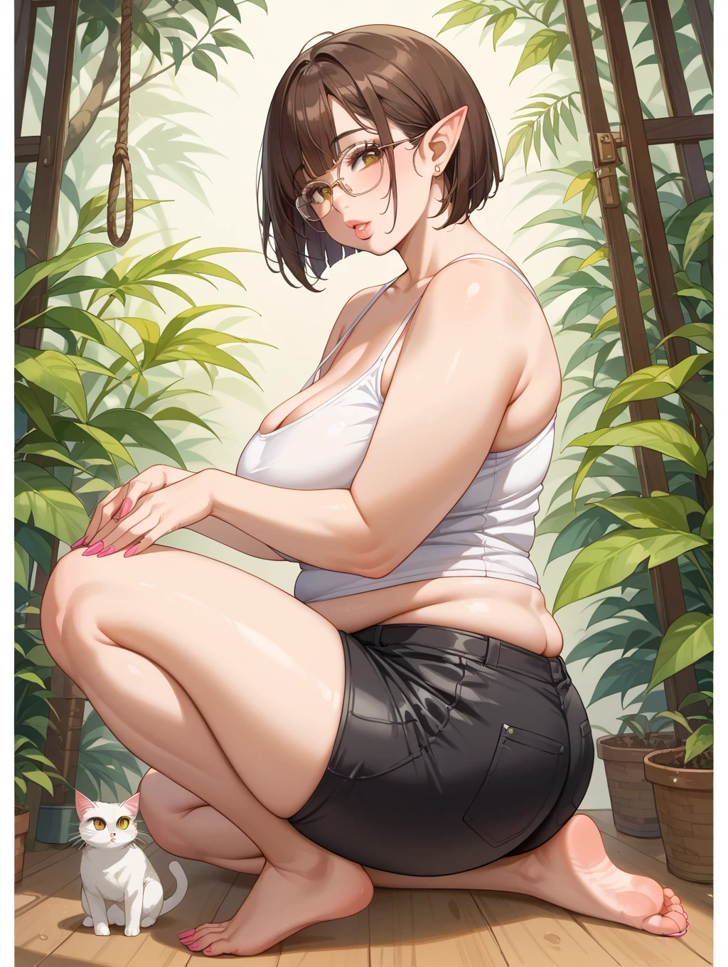punk girl with glasses and a dark shirt, in a small river and trees in the background, short brown hair, detailed face, big breasts, sitting with her feet in the water, showing their soles in the water, high quality, high resolution