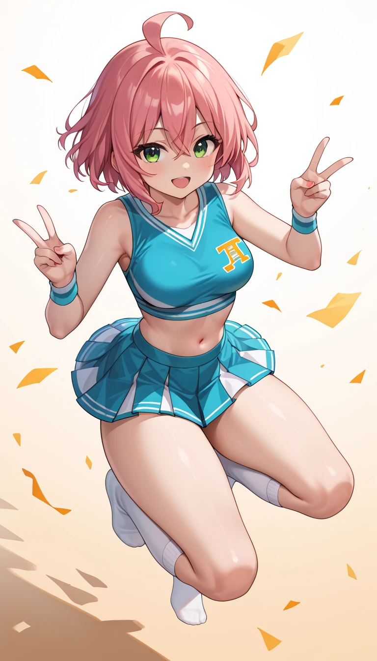 (Perfect body),Best Quality,16 K,(Official art)、((((Brown skin))))、(((((Lori)))))、(((((blush))))),(:D)、(One eye is closed)、embarrassed from,(Short hair), (((Orange Eyes))),((((Pink hair)))),(Sweat),(((small tits))),((((Wavy Hair)))),Ahoge,hair clips,(white knee-socks),(((Big ass))),(((cheerleaders)))、((Holding a yellow pom-pom in your hand))、(((Light blue striped panties)))、(((Yellow Mini Skirt)))、(((((Panchira)))))、(flat chest)、(((thick thighs)))、(((((Mature woman raising her legs)))))、((Armpits))、(((((short in stature)))))、in poolside、((Dancing))