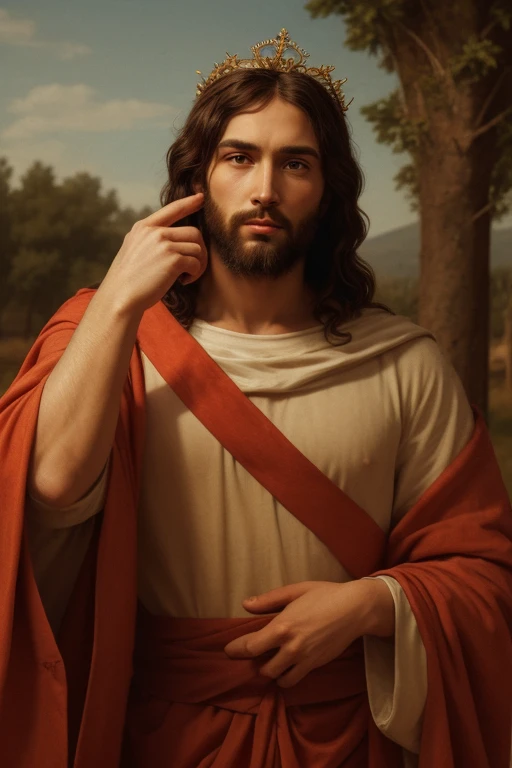 A beautiful ultra-thin realistic portrait of Jesus, the prophet, a man 33 years old Hebrew brunette, short brown hair, long brown beard, wearing long linen tunic closed on the chest part, in front view, full body, biblical, realistic,by Diego Velázquez,Peter Paul Rubens,Rembrandt,Alex Ross,8k, Concept Art, PhotoRealistic, Realistic, Illustration, Oil Painting, Surrealism, HyperRealistic, pray , Digital art, style, watercolor, natural background, Praying ( Blessing woman)