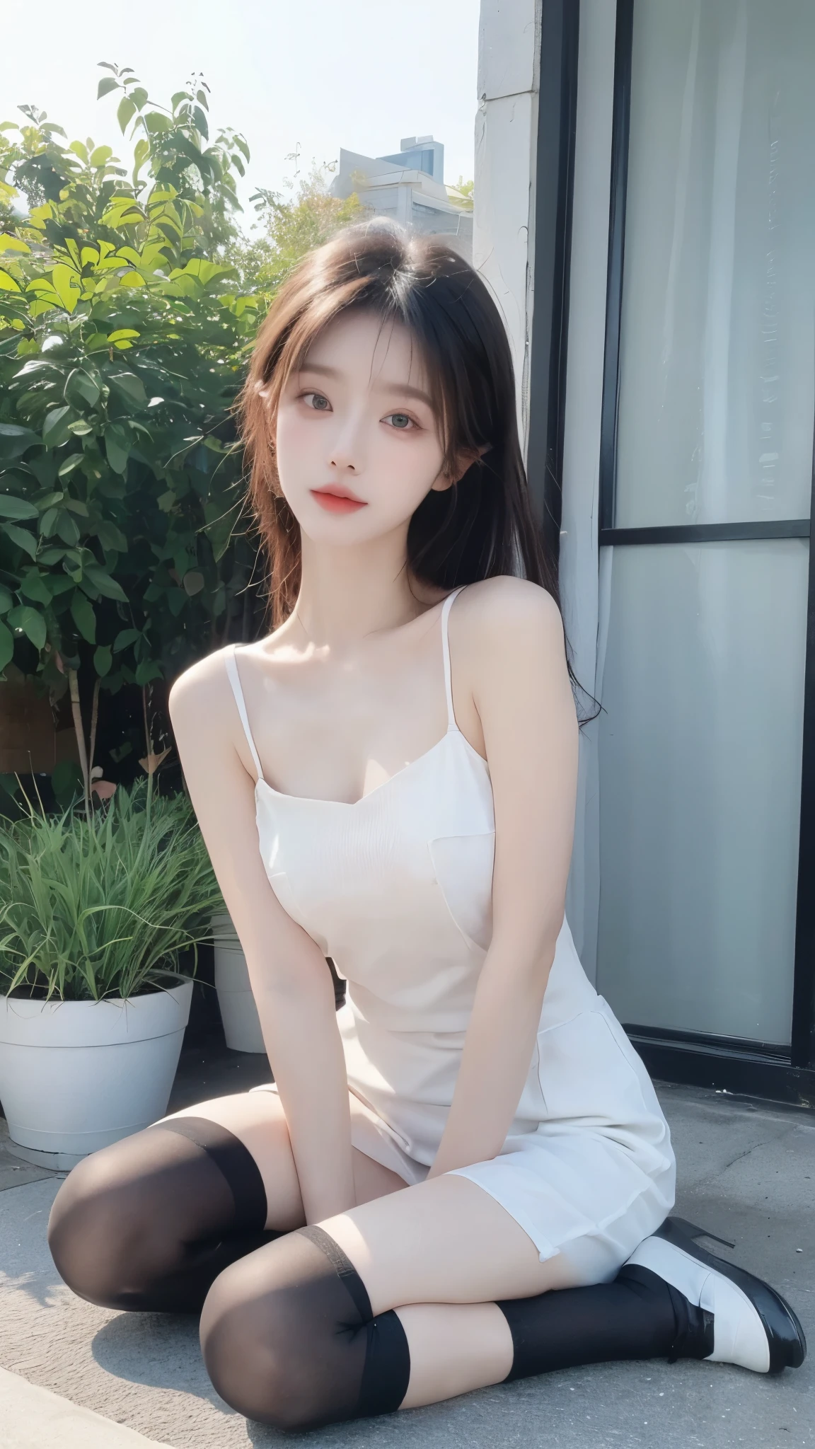 (highest quality, Tabletop, Ultra HD: 1.3), One Girl, Mid-breasted, Light brown hair, Blunt bangs, Hair behind the ear, Hair that falls over the shoulders, Long Hair, Slim figure, Ultra-fine face, Delicate lips, Beautiful Eyes, Light blush, eyes are light brown, Perfect glowing skin, Perfect Skin, Shining Sweat, Have a look at this, Ultra-thin needle, Very thin fingers, The optimal ratio is four fingers to one thumb, (Realistic:1.3), Finger extension, See-through white blouse, White see-through tight skirt, Supermodel Legs, Low heels. White Beret, Eye-level shot,  Bust Shot, 8k,Broadleaf Forest
