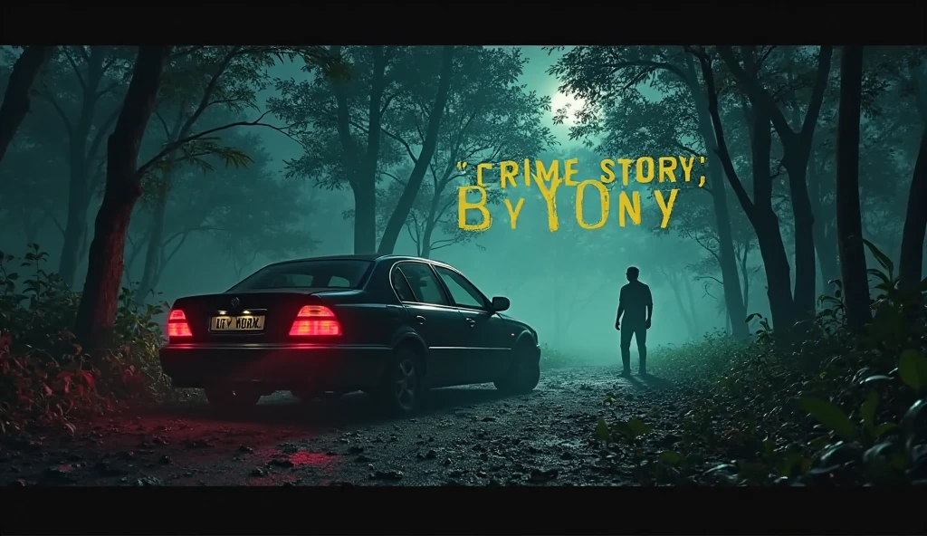 80s film poster on a road where a car is stopped, a detective is outside looking at a mark of blood on the ground behind the car, it's the detective in a forest, it's dusk, the title of the film is "Cranillology"