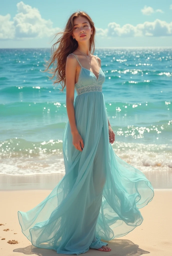 There is a pretty girl (Jessica Alba), em um vestido Salmão longo e detalhado, masterpiece,best qualtiy,Very detailed CG unity 8K wallpaper,Most Best Illustration,Best shadow,naturey,Blue sea sand,and the sun was shining brightly,The line of sight runs parallel to the beach:1.15,Many umbrellas,NOhumans