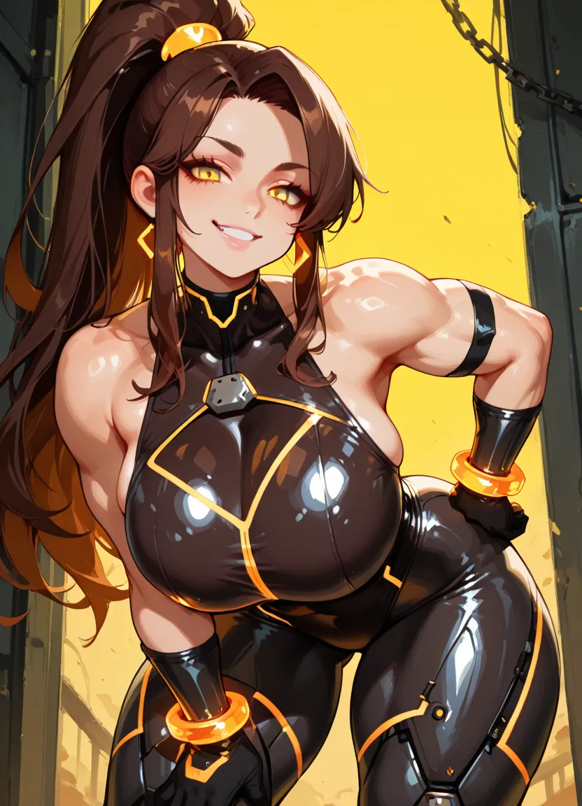 (High resolution, Pixels are perfect, luxurious illustration), (hyper quality, masutepiece, Ethereal: 1.4), (Solo:1.4), (((Focus on Face))),  (((Black hair))),(Yellow eyes),  ((angry)), pale skin, (((((((muscular))))))), ((thick thighs)), ((Huge breasts)), (((wide hips))), Woman, (((((((Taimanin suit))))))), Latex Leotard,  (((Ahegao))), open open mouth, (((squat down and arms behind your head))), wetted skin, (Shiny skin), (NSFW:1.5),