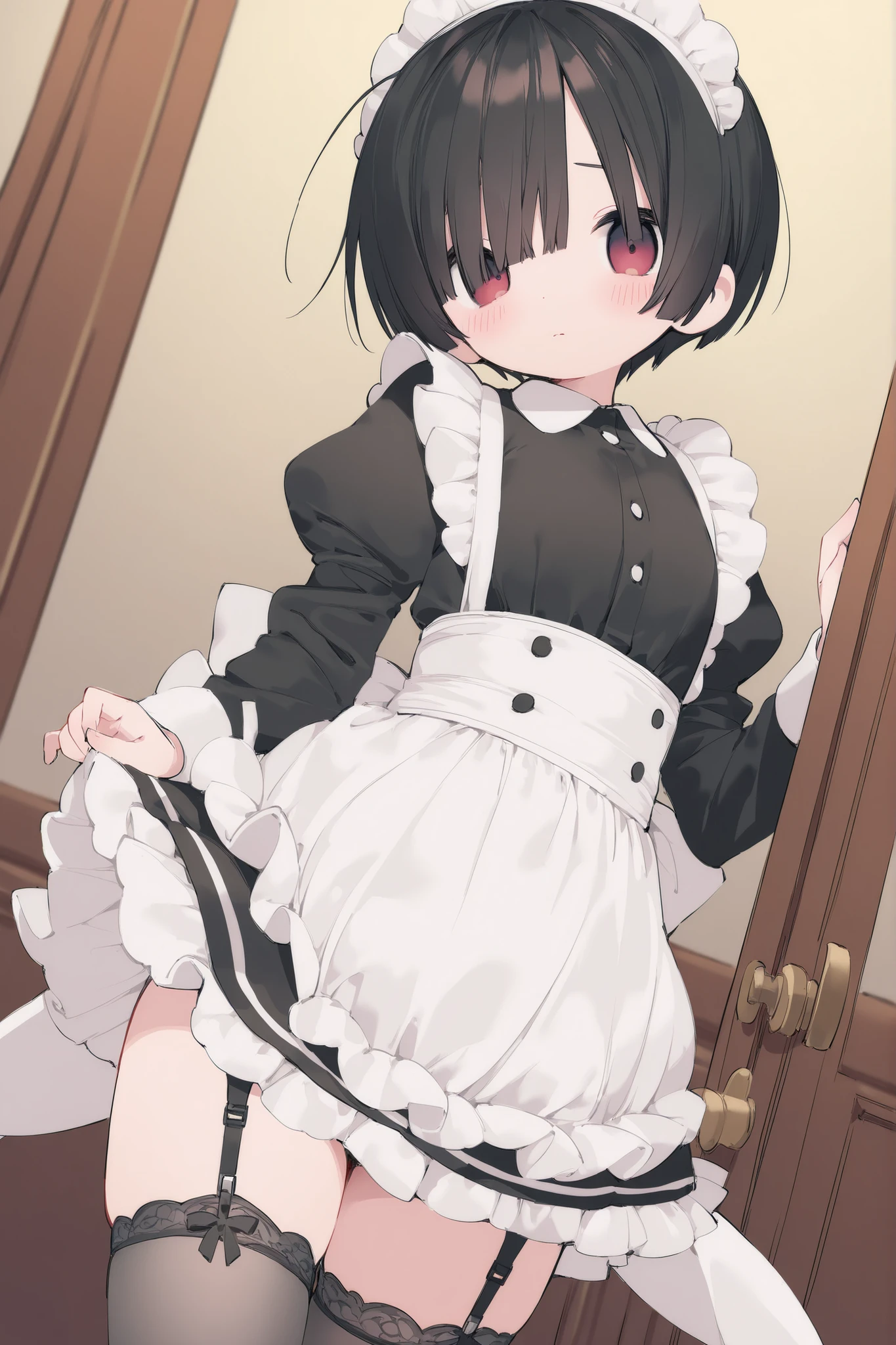 Highest image quality、Highest Quality、8k、very detailed CG、The background is a luxurious Western-style salon、dynamic angle where the butt is all over、cowboy shot、standing、One boy, one maid、pretty boy maid、 transvestite boy、shy、short bob hair、full bang hair with bangs cut at an angle、with one eye hidden by bangs、Blush、cute maid outfit、very short micro miniskirt、garter belt、thigh high stockings、