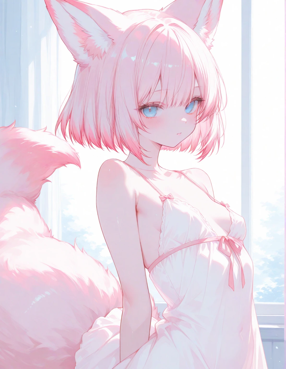 Short hair with light red color,The breasts are super full,The figure looks petite,Smooth and delicate long legs,Wearing a bright cream white T-shirt,A silver necklace is worn around his neck,It has pink fox ears and a cute pink-white fox tail,It's a super beautiful girl
