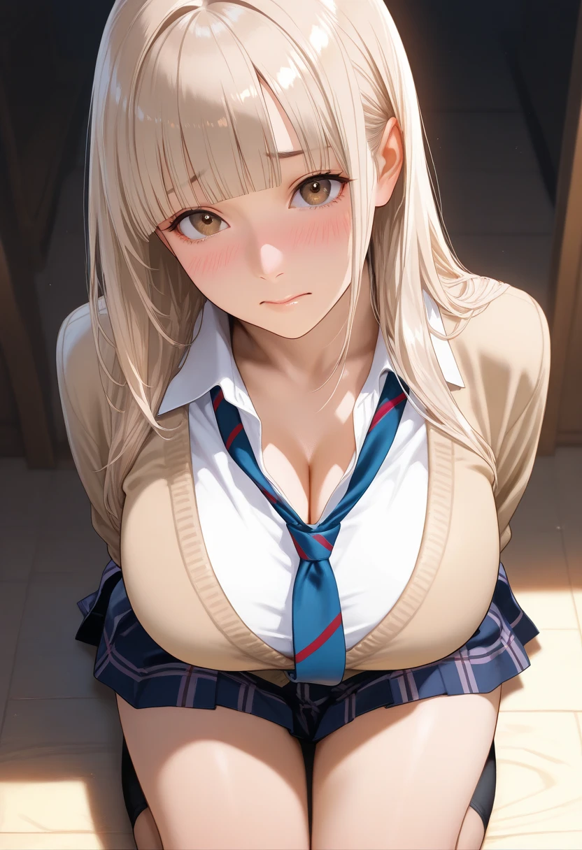 Anime style, Painting, absurderes、perfect anatomia、Olivier Mira Armstrong、bra very、Bra visible from clothes、Braline、breastsout、Classroom、cleavage of the breast、clavicle、desk、From above、big breasts, length hair, on desk, pleatedskirt, School Desk, student clothes, see -through, The shirt, sitting on, Sitting on a desk, skirt by the, solo, thighs thighs thighs thighs, red blush, ssmile