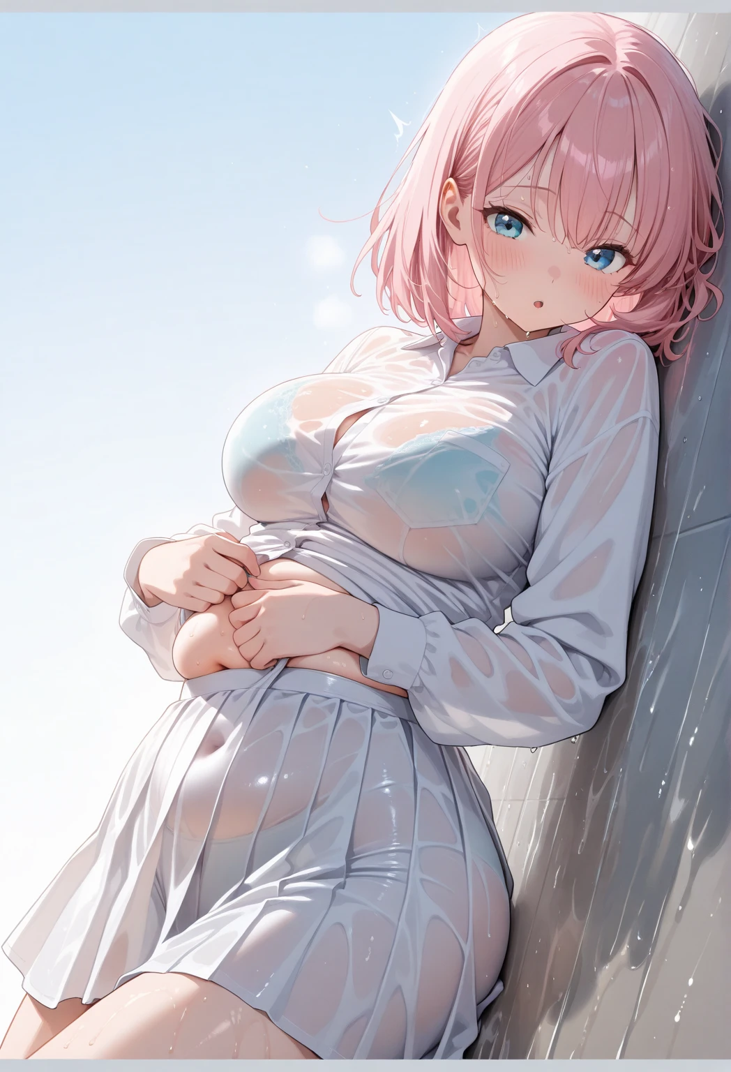 brazilian woman, dark skin, perfect green eyes, details, nose, elf ear, eyebrow, smiling, lips, blue straight short hair, dyed pink on the nape, hair details, fringe, white shirt, transparent long sleeves, tie , short skirt with belt, thin waist, thick legs, thick thighs, background scenery, ultra detailed Rio de Janeiro, at the beach, night light, by night, beautiful night