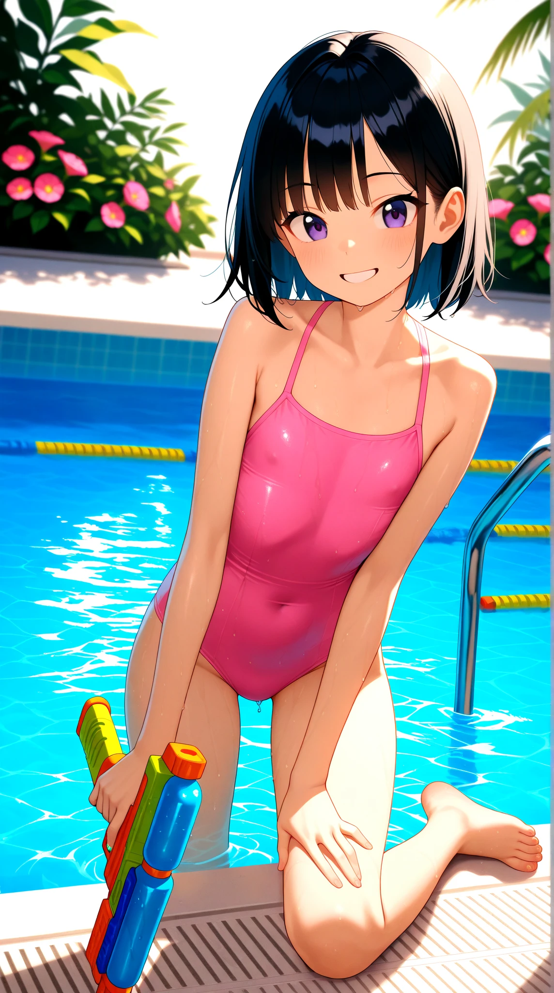 ((young 2girl ,short stature,gyaru)) ,flat chestblack hair,,,nsfw,,plump,looking at viewer.stand,frilled pink striped swimsuits,shy,  blush,pool side