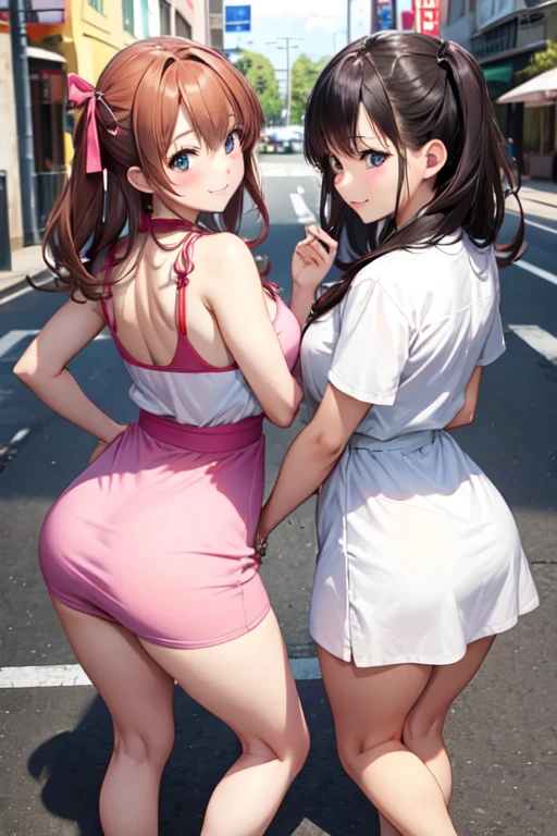 (Highest quality:1.2, Manga works, Manga style, Very detailed, Latest, Vibrant, digital coloring, High Contrast, masterpiece:1.2, Highest quality, Best aesthetics, There is), ((( 3 women:1.5))), Black Hair, Twin tails、Gradient Hair, Reddish brown eyes, , (White underwear、Half cup bra、Cute panties:1.2)、necklace, Beautiful thighs, Stiletto heels, Open your mouth, smile, Random sexy poses, Cowboy Shot, Simple Background.Voluptuous bust、Big Ass、Camel Toe、Night view、Streetscape、From below