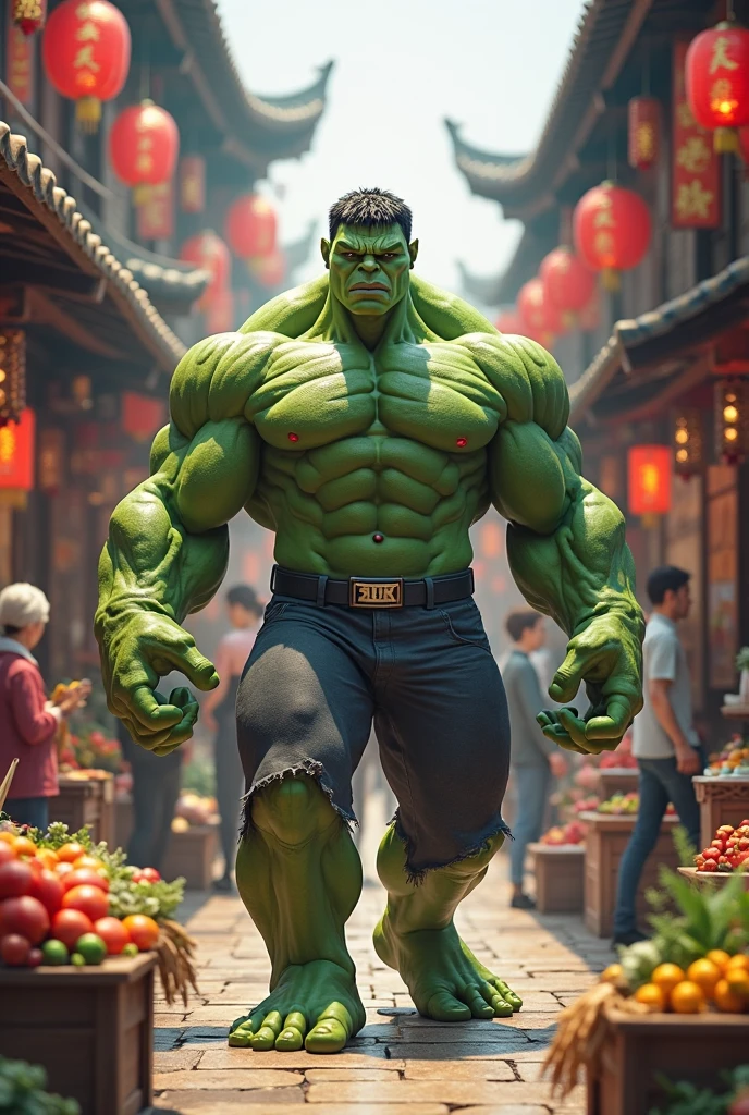 Hulk is pushing a cart filled with large gallons of water, gallantly walking through the streets of a traditional Indonesian market at night. The bustling market is alive with activity, illuminated by cinematic lighting that enhances the blue and gray tones of the scene. The contrast between Hulk's massive, green figure and the intricate details of the market environment creates a striking visual. The scene is rendered with high realism and detail, capturing the textures of Hulk's skin, the water gallons, and the market surroundings. The image is presented in ultra-high-definition, 16k resolution, showcasing every element with exceptional clarity and depth.