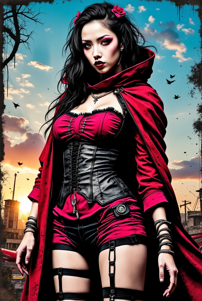 comic cover, 1girl, little red riding hood \(grimm\), knife, black hair, gigantic breasts, boots, red lips, dagger, jewelry, red hood, solo, lipstick, thigh boots, thighhighs, hood, cape, navel, long hair, makeup, weapon, crop top, earrings, hand on hip, black footwear, bracelet, picnic basket, full moon, short shorts, standing, <lora:Leirix:0.6>, <lora:Comic-10:0.6>