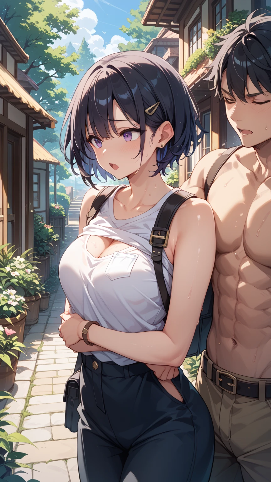 masterpiece, best quality, highres, bandeau, petite, breasts, breast focus, 1girl, underboob, sideboob, braless, denim shorts, short shorts, outdoors, park, crowd, vivid hair, looking at viewer, sweat <lora:Bandeau-fC-V1:0.7>, 1boy, hand on another's shoulder <lyco:poseHandOnAnothersShoulder:0.7>