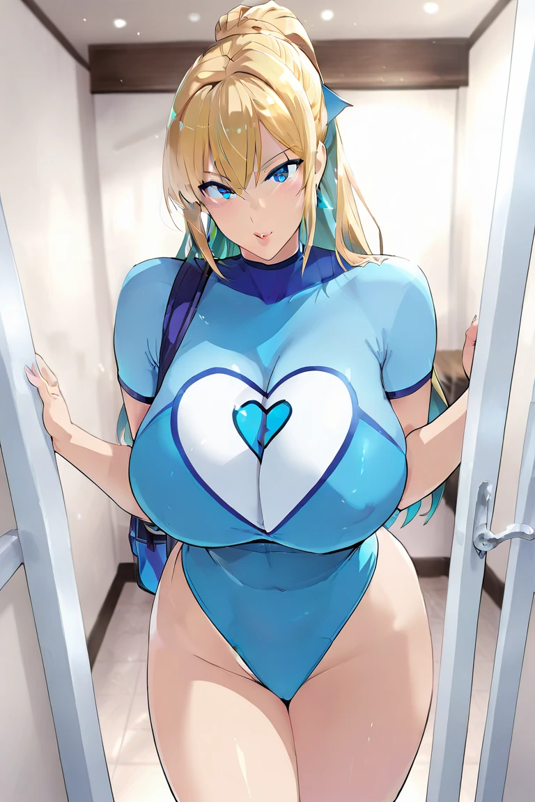 (Ino Yamanaka), blue eyes, long hair, blonde, which is always seen in a ponytail, hair with bangs, formerly small, covering much of her face, muscular, messy hair, huge breasts, standing up, sarashi white breast, sarashi, underboob, breasts bandages, arm bandages (insanely detailed, beautiful detailed face, masterpiece, best quality) volumetric lighting, tone mapping, (looking disgusted), konosuba, (((no errors))), ((well detailed)), (((extremely well done)))