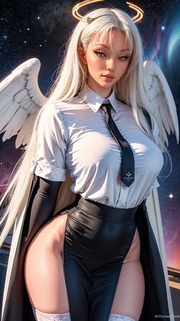 Sexy succubus girl with very long white hair, point ears, white eyebrows and a beautiful face. Bronze skin, with small white wings on the head. without wings. Wearing a tight, shiny white leather bodysuit and colored high heels. I'm standing in the office. exquisite, alluring beauty. (Intimate details: 1.5). detail high high. 8K. Full height in frame. (detailed hair), OverallDetail:1.3