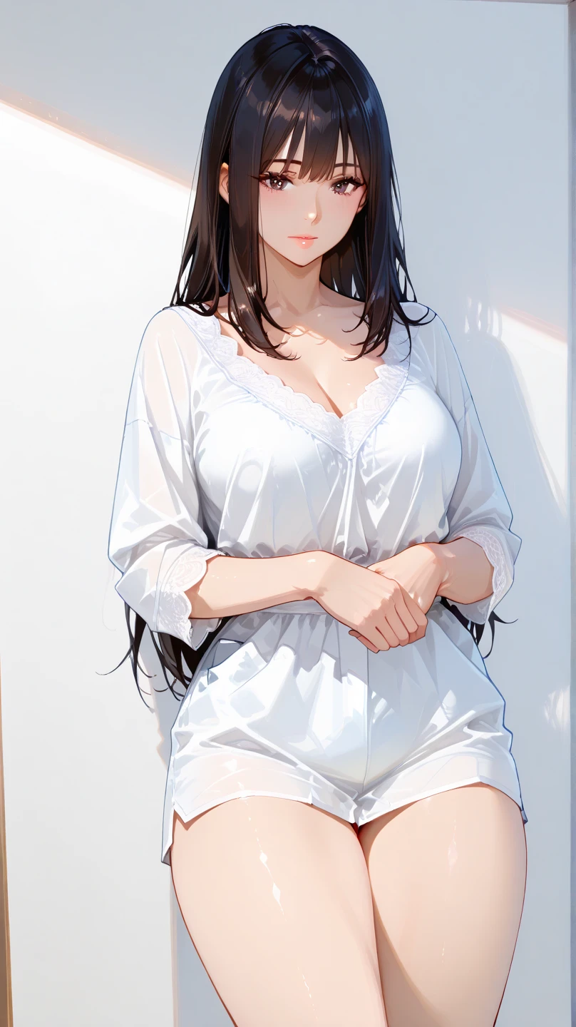 woman sex, in tight-button pajamas,  breasts also medium , thick thighs,  in lace panties