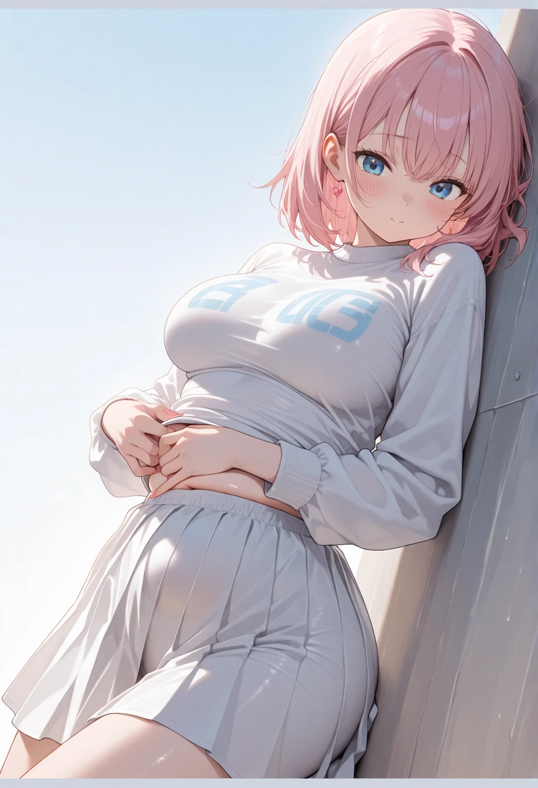 (highest quality,8k,High resolution, masterpiece:1.2), Super detailed, High resolution、One Girl、30 years old、adult、Dark pink hair color、semi-long、There are some stylish pink lines in her hair.、Short Ponytail、Hair between the eyes、Big light blue eyes、Beautiful crystal eyes、older sister、Top jersey、Jacket size XL、hot pants、Beautiful feet、Thin legs、Naughty expression、Mocking look、Sleepy look