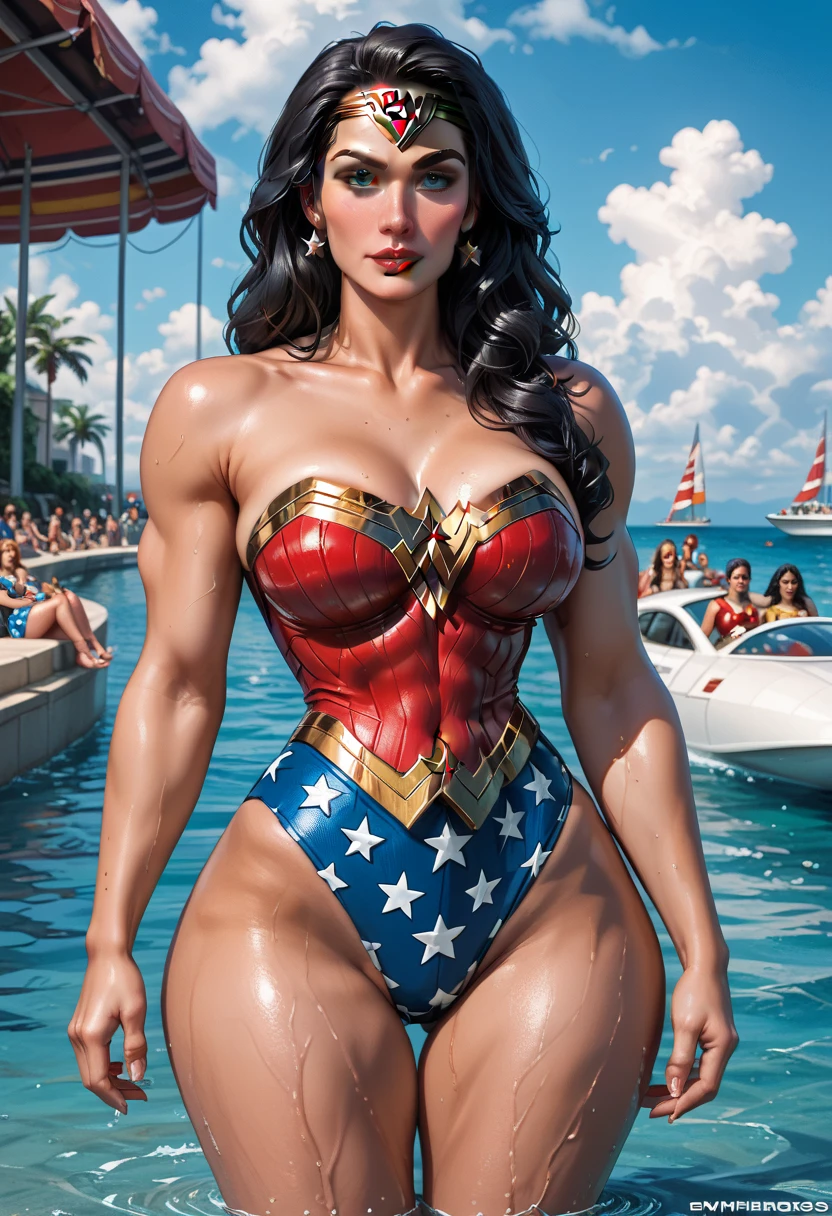 Gorgeous and sultry busty athletic (thin) brunette (smirking) with sharp facial features and a ((long), slicked-back hair) and (huge , long legs) wearing a star-spangled American flag print bikini, Americana, swimming pool.