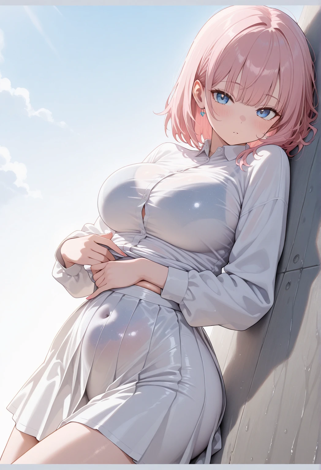 Nobara jujutsu kaisen with a wet white dress showing part of her breasts and part of her tight ass, highlighting the curves of her body ( small waist and big breasts and ass)