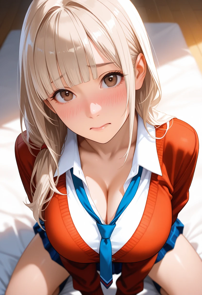 8K、quality、On a table、super high image quality、ultra - detailed、super beautiful、Ultra-realistic hair textures、anime illustration、Surreal sensibility、Whole body ESBIAN、Charming appearance、shave 、Off-the-shoulder blue yukata、Beutiful women, Red eyes、Skin glows、Very huge、Red lace breasts are super big、Skin glows 、Clean the skin、Japanese style room with daytime background,Big breasted 1.5,blush,