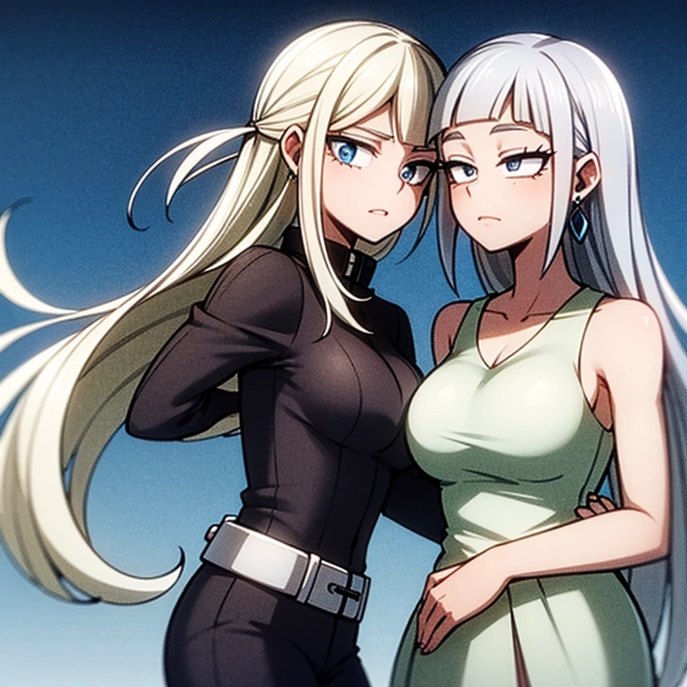 claymore (series),ophelia(claymore),1girl,pale white skin,silver hair,swept back hair,hair pulled back,single braid,long and large braid,yellow eyes,grey bodysuit,grey gloves,collarbone,pauldrons,evil smile