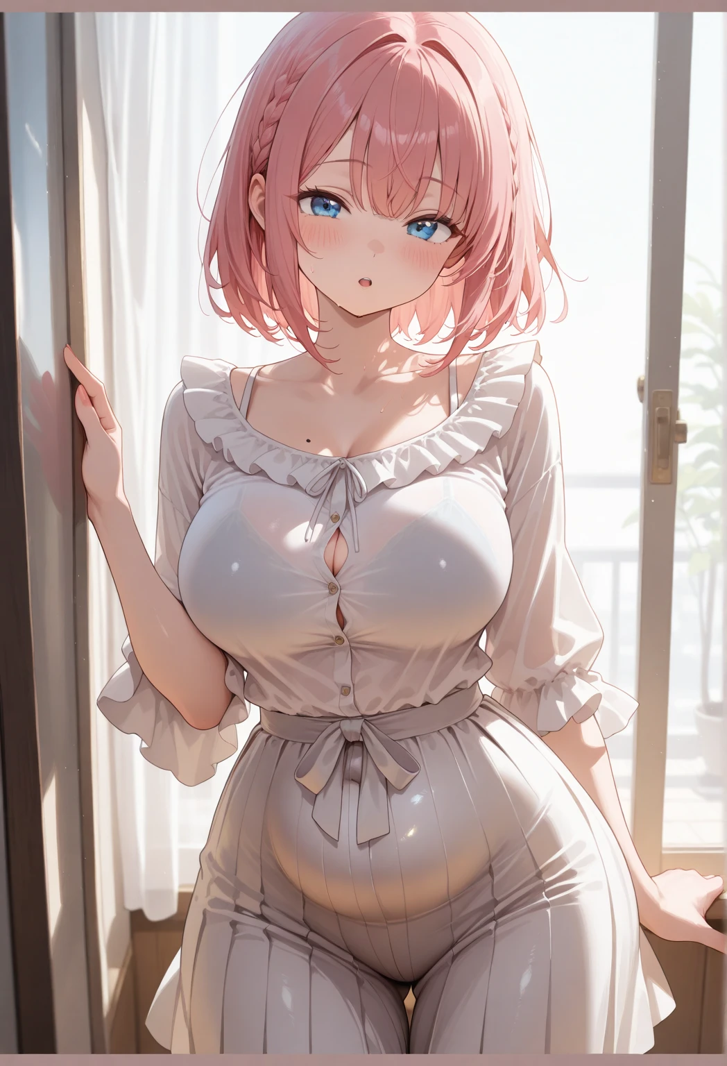 asuna (blue archive), 1girl, bare legs, blue eyes, BREAK ((natural beige:0.9) pantyhose:1.3),
BREAK ((highly saturated pink) and white theme:1.4), (wearing a (pink vest) over a short sleeve white collared-shirt:1.4), (button-up:1.3), (tight (pink pencil skirt):1.4), (matte textured clothing:1.3), (high heels:1.1), blurry, blurry background, blush, breasts, large breasts, (light brown blonde hair), (((extra short pixie cut))), (((pixie cut))), (((asymmetric pixie cut))), (((side parting pixie cut))), (((curly pixie cut))), (((messy pixie cut))), (((wavy pixie cut))), looking at viewer, solo, Beautiful girl, big, sea, emphasis on pussy, (spread legs), (happy face), (nude), (chubby), (((thick thighs))), (((big breasts))), (nipples), (pussy), (anal), ((((extremely hairy pussy)))), ((((extremely hairy pubic hair)))), ((((extremely hairy pussy)))), ((((extremely hairy pubic hair)))),