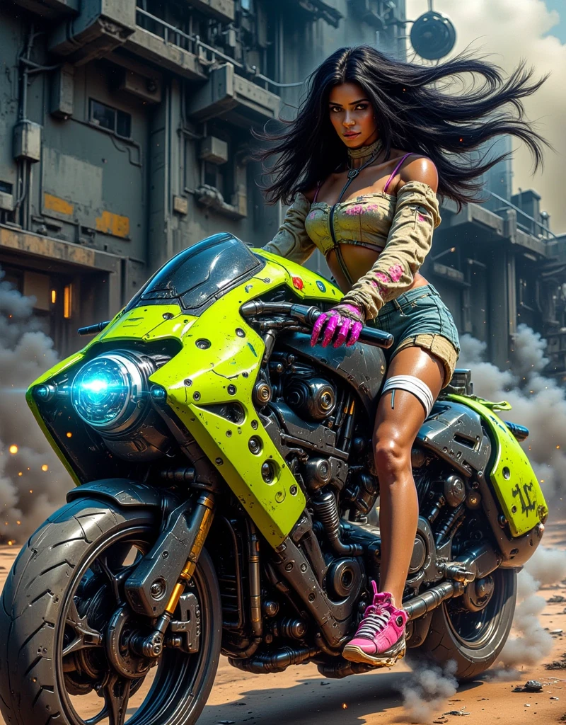 nsfw, anime screencap, 16K, perfect anatomy proportion body, perfect hands, NUDE, action, A dynamic composition with a sense of speed and movement, (Ride a military motorcycle:1.6), a wife, 40age, perfect beautiful delicate sexy face, perfect beautiful delicate eyes, braid-in-braid black hair, (dark skin:1.6), huge breasts, abs, Wearing elaborate chain mail nipple covers and loincloths, desert, Post-apocalyptic,