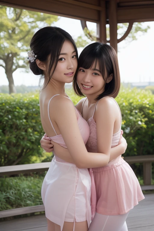 Two girls standing in a schoolyard with cherry blossoms in full bloom,bangs,A small smile,Thighs,knees,From below,Front light,10 years old,Short hair with bangs、Low Ponytail、 (slim)、((Long white silk camisole、She is naked and wearing only a white camisole, White panties、Are standing、White pantiesがスカートから見えています、Lift the hem of your skirt slightly with both hands.))