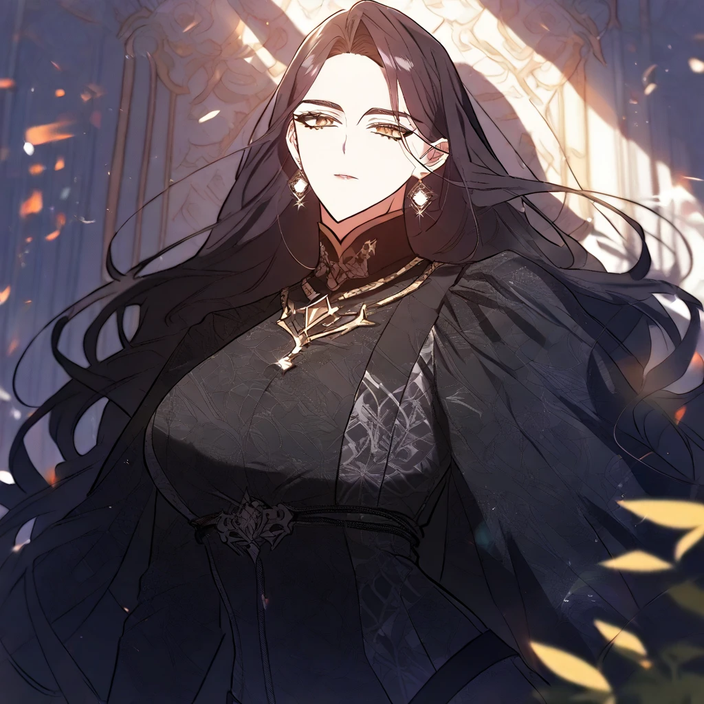 beautiful and atmospheric,  milf, dramatic lighting, (masterpiece, best quality:1.2), detailed, solo, middle aged, size difference, (depth of field:1.2), absurdres, highres, soft rim lighting, soft shadows, {1girl,  milf with long black hair, dominant mommy, amber eyes, , beautiful, handsome black medieval suit, )