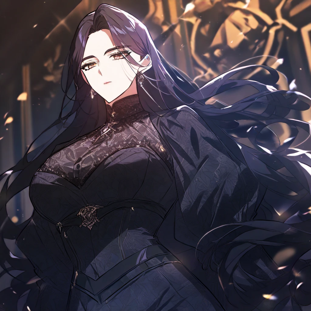 beautiful and atmospheric,  milf, dramatic lighting, (masterpiece, best quality:1.2), detailed, solo, middle aged, size difference, (depth of field:1.2), absurdres, highres, soft rim lighting, soft shadows, {1girl,  milf with long black hair, dominant mommy, amber eyes, , beautiful, handsome black medieval suit, )