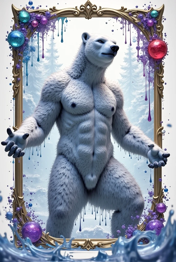 best quality,masterpiece,Ultra high detail,A handsome muscular man,Short white haired Fractal Jack Frost, shirtless in the snow . playing with the snow owl and polar bear, smiling