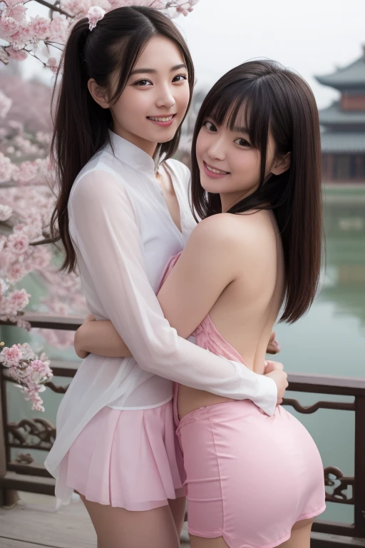(8K,RAW Photos、RAW Photos、Highest quality、Masterpiece:1.2)、Ultra-detailed、Super Resolution、The most beautiful cherry trees in the world、(Photorealistic:1.3)、((Cherry blossoms shining on the surface of the water))、((Reality and cherry blossoms reflected on the surface of the water.))、Cute pose、Sakura Park at sunset、The end of cherry blossoms、Cherry blossoms flutter、Cherry blossoms soaring in the sky、The Sunset Sun、Amazing sunset、Crimson Sky、High-resolution RAW color photos、Professional photography、Same skin type as humans、Japan female proofreading from head to waist、Blur the background、Drawing faithful to anatomy、The correct number of fingers、(Very beautiful and elaborate cherry blossom tree at night 1:1.37)((Cherry blossoms fluttering in the wind))、full moon、Very detailed and beautiful、Ultra HD、Half-up hairstyle、Hair Bun、ponytail、High school girl in sailor suit、(Plump Cheeks)Uniforms with attention to detail、Each face has its own unique features、Different face patterns、color々Hairstyle、夜風になびく茶colorの髪、Her hair is swinging and sexy、Very detailed beautiful girl、(Pink Eyeshadow)、Red tie((((I can see her panties)))) ((((Angle from behind)))) ((((Emphasize cleavage))))