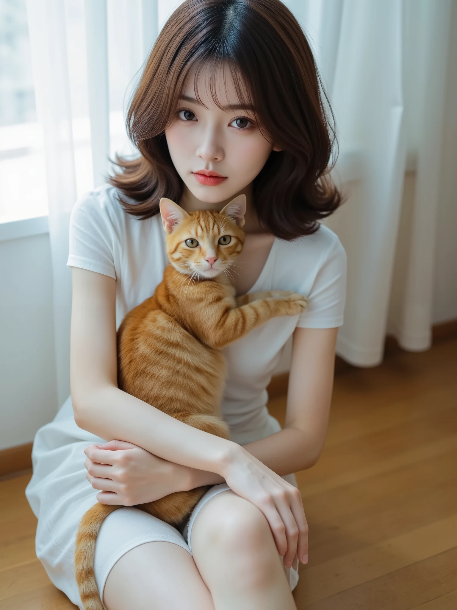 Adorable Japanese woman lying down、The cat that sits on its chest、Quiet Indoor Space Surrounded by Natural Light、Wooden floor and white wall、Warm Atmosphere、Soft Blurry Light、Fine texture、High Quality Digital Painting、Delicate Colors、gentle tone、Elegant and Delicate Character Expression