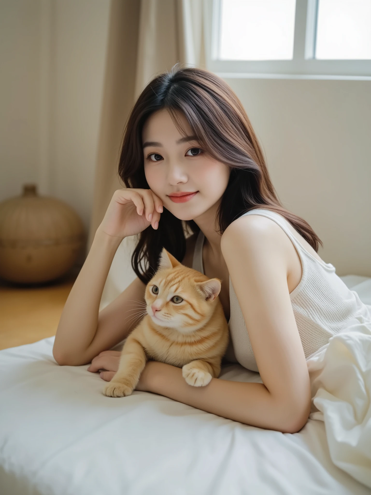 Adorable Japanese woman lying down、The cat that sits on its chest、Quiet Indoor Space Surrounded by Natural Light、Wooden floor and white wall、Warm Atmosphere、Soft Blurry Light、Fine texture、High Quality Digital Painting、Delicate Colors、gentle tone、Elegant and Delicate Character Expression