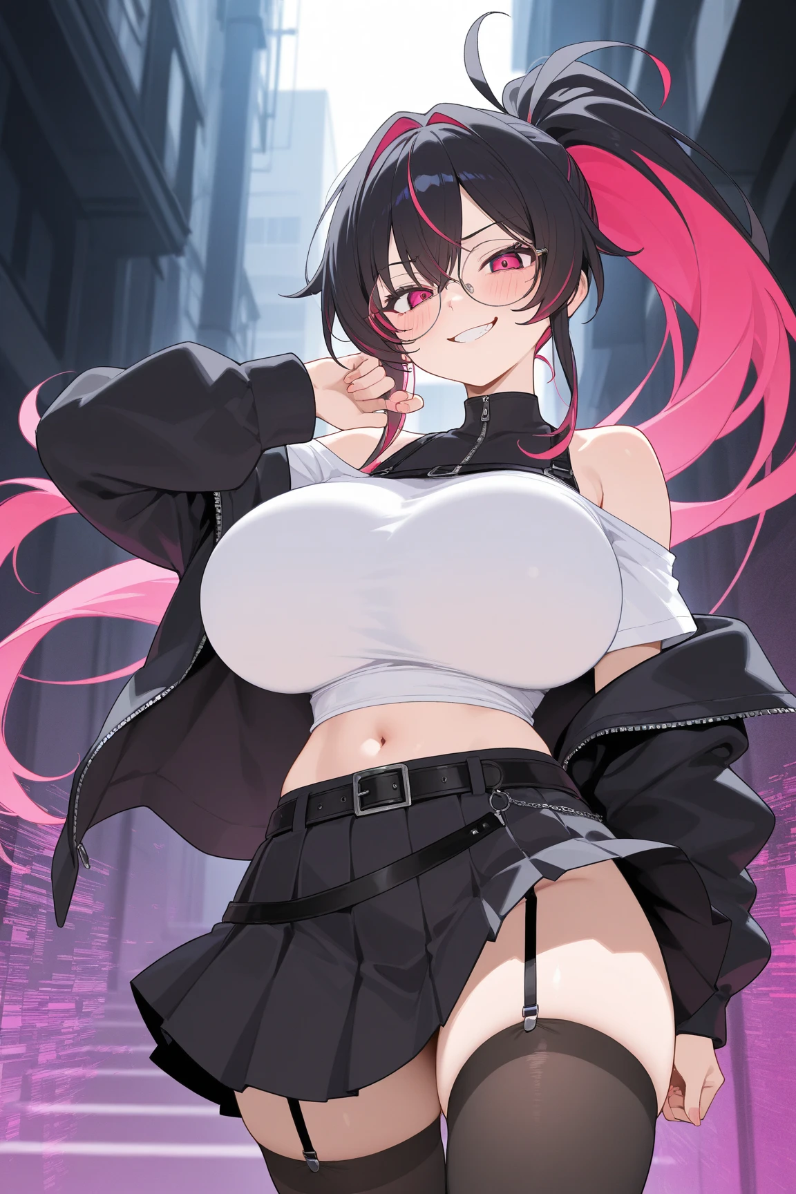 blush, cleavage,, red eyes, red fingerless gloves,glowing aura, natural light, masterpiece,  glossy skin, juicy lips ,long hair, cute, kawaii, adorable, reaching up, adult, cuddle, kawaii clothes,random hair style, random clothes, black hair, (((pink streaks in hair))), yellow eyes, ((black hair)), snake, random pose, random background, random action, sexy, hot, nipple slip