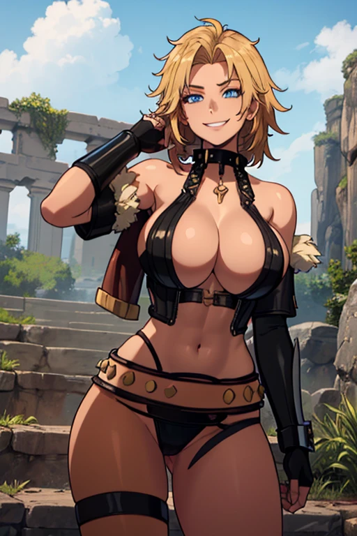 (NSFW 8.0) Girl, blonde, medieval, bikini armor, large breasts, areola, dark skin, short hair, brown hair, sword, battle stance, muscular