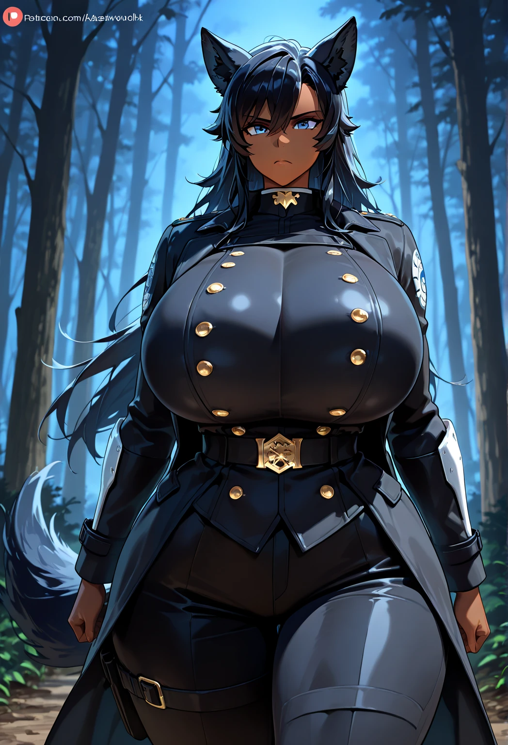 Big breasted girl with futuristic armor, long black fur, with hat