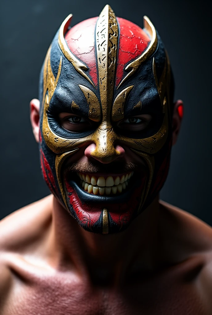 Man with happy expression mask on his eyes, strong and bald