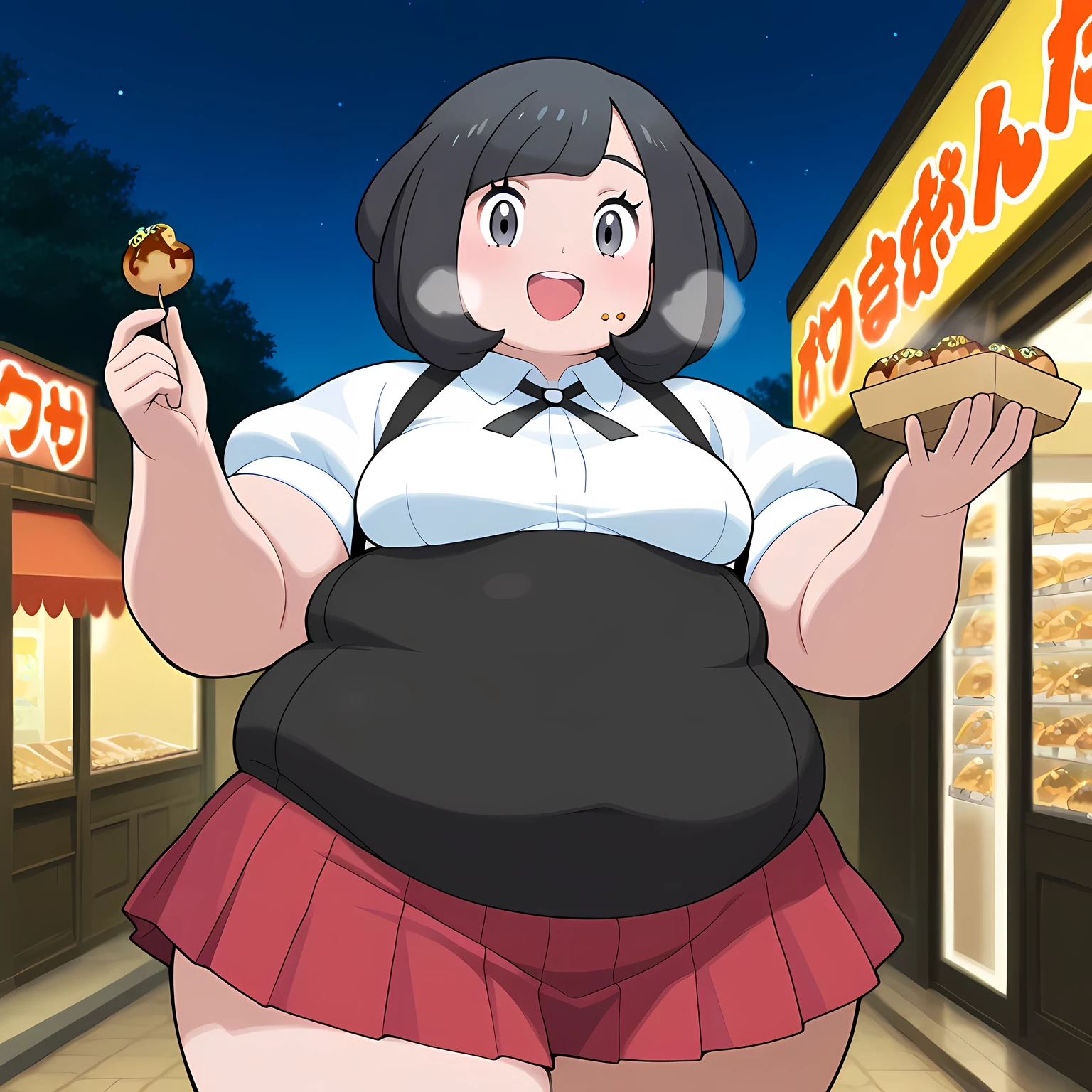 high resolution picture, masterpiece, best quality, amazing quality, official art, 1girl, selene_(pokemon),  zzSelene, 1girl, solo, black hair, ,  ,  small breasts, anime screencap, official art style,        BREAK (curvy),  white shirt, puffy short sleeves, collared shirt, neck ribbon, black underbust, red skirt, pleated skirt, white socks, cowboy shot, night, storefront, holding takoyaki, looking at viewer, puffy cheeks, , happy, night sky, night, large breasts, miniskirt fat, chubby, obese, gigantic arms and legs, large breasts open mouth, out of breath